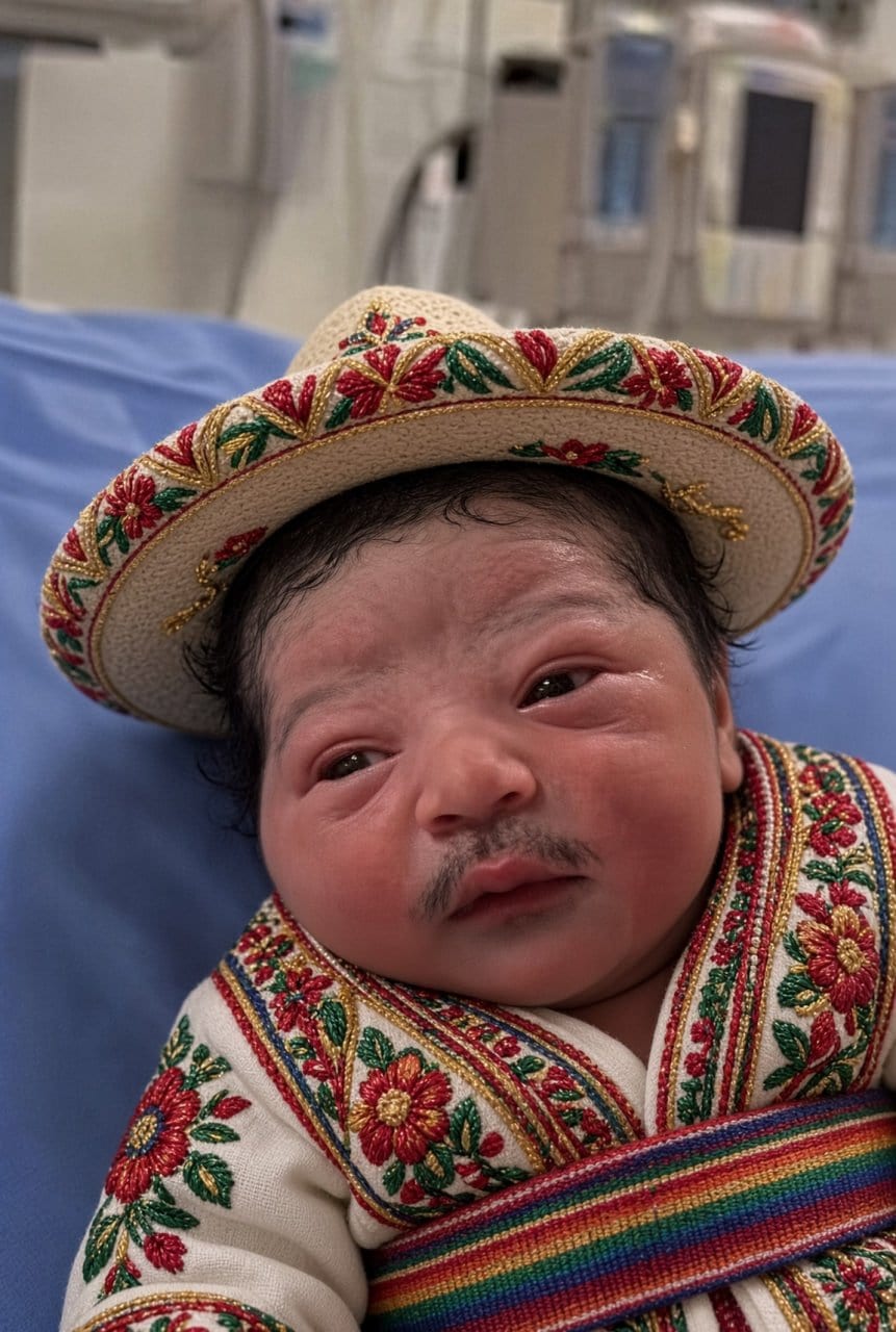 Edit of the newborn wearing an embroidered Andean hat and patterned shawl