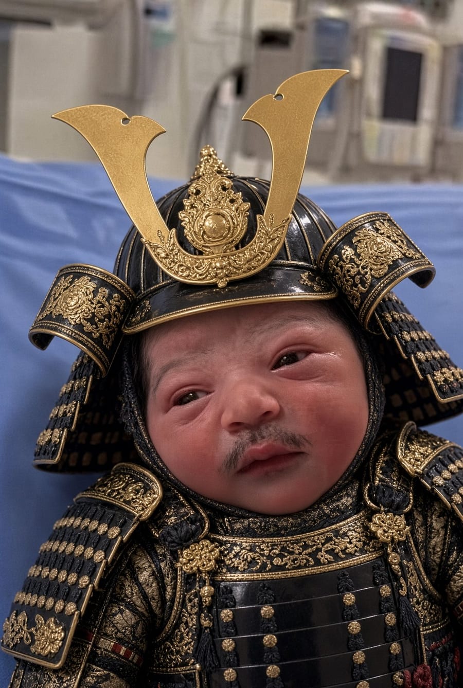 Edit of the newborn wearing a black and gold samurai helmet and armour