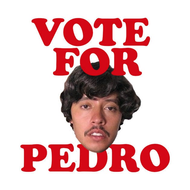 Campaign poster parody reading Vote for Pedro with a mustachioed face